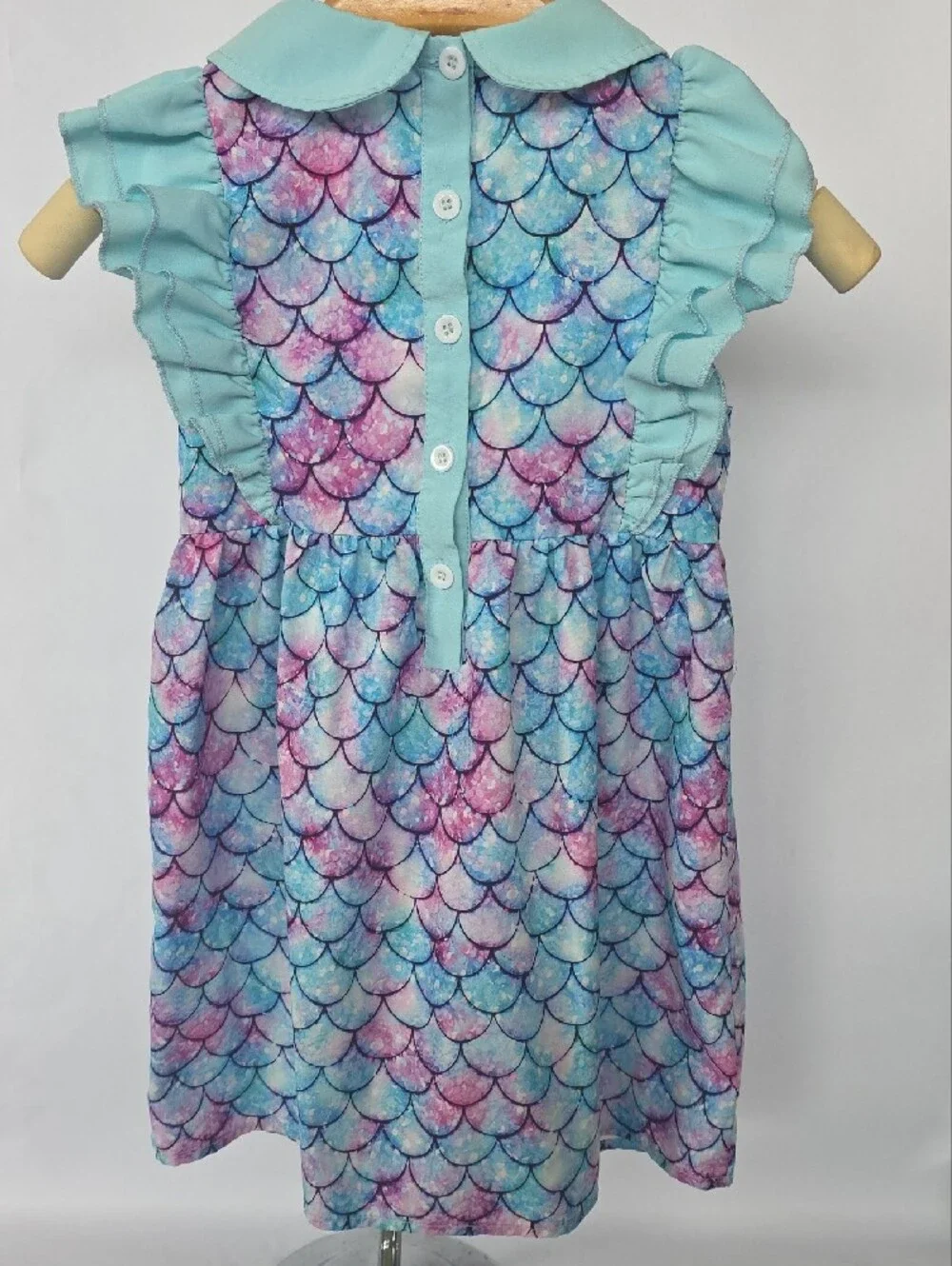 Girls' Mermaid Scale Ruffle Dress with Peter Pan Collar - Aqua Multi